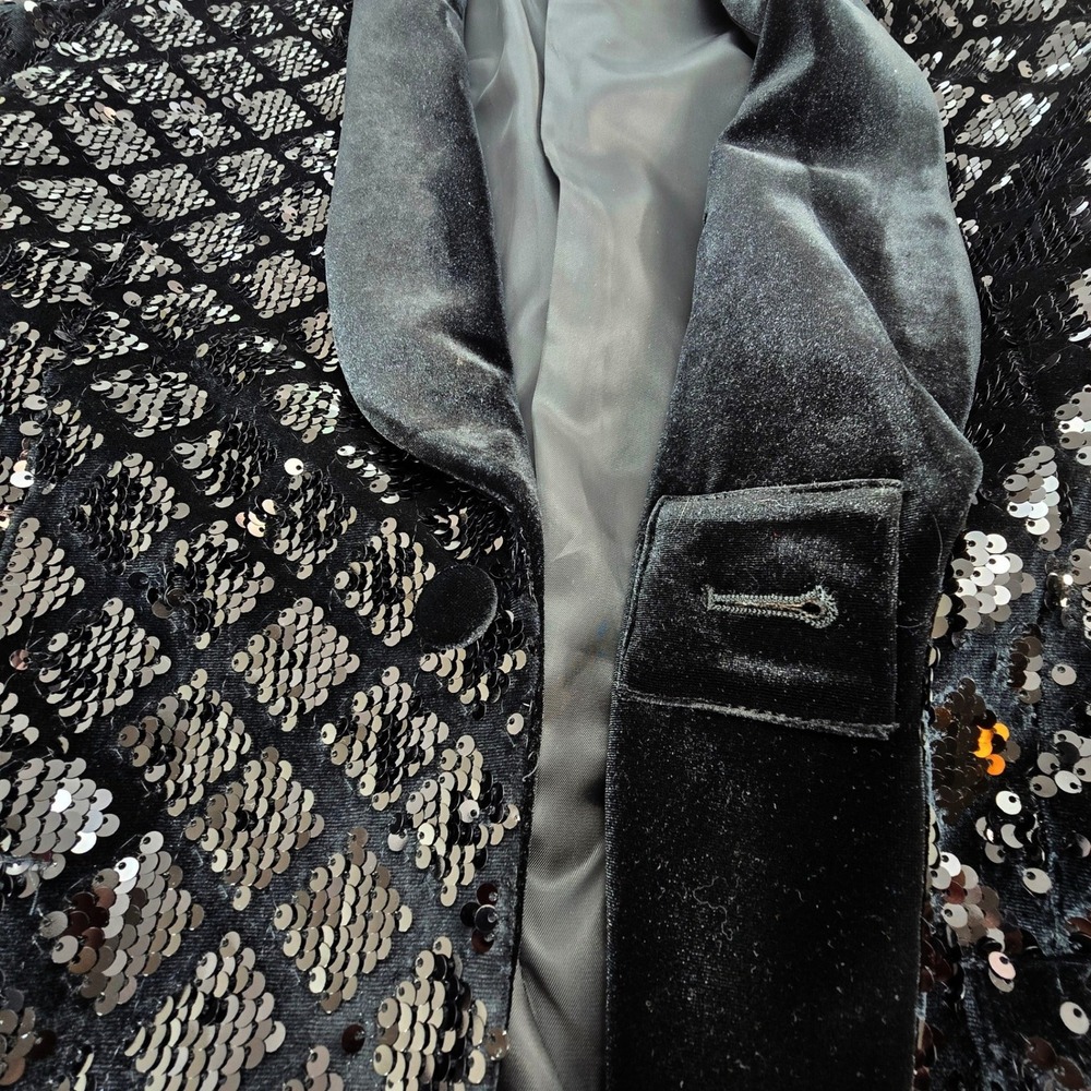 ASOS Design Suit Mens 38/31 Black Sequin Velvet Shawl Lapel Belted Luxury Disco - Picture 7 of 16